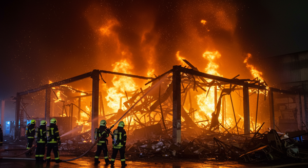 Firefighters in full gear battling massive flames in an industrial warehouse, dramatic smoke and sparks, action shot #2