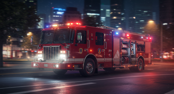 A modern red fire truck with flashing lights speeding through a city street at night, cinematic lighting, ultra-realistic #4
