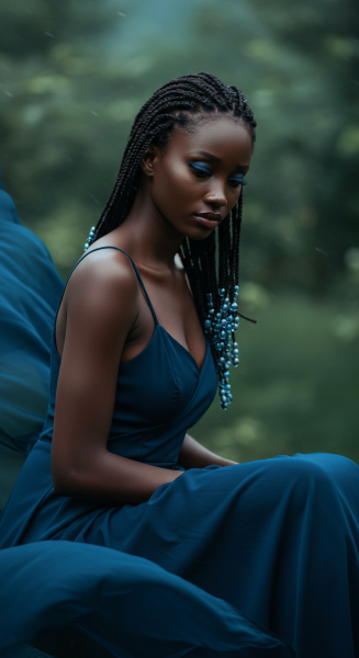 A pretty black woman in a blue dress with a sad face #3