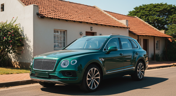 A new green Bentley parked in front a house #4