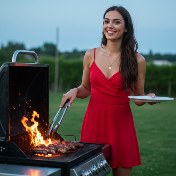 A pretty woman in a red dress with a barbecue #2