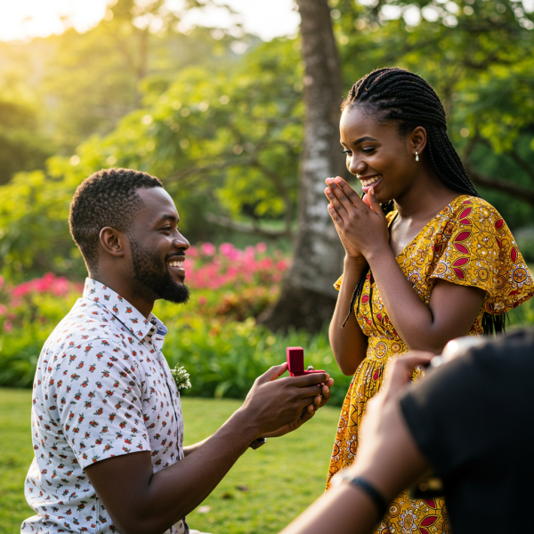 A handsome African man proposing to a beautiful African woman
