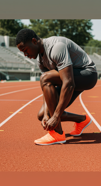 Side view of a  black man lacing his shoes to race