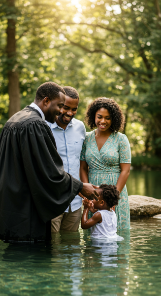 A black Pastor baptizing a black child in water, with parents #2