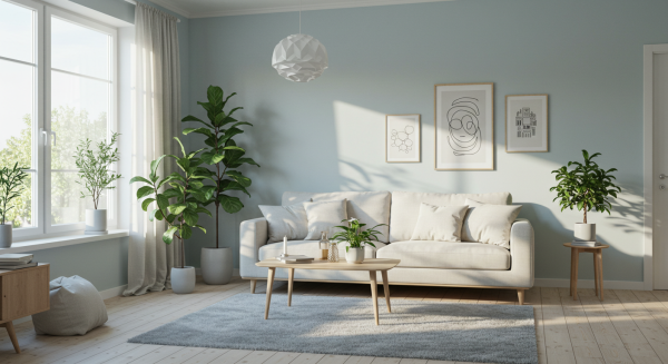 Minimalist Scandinavian living room with natural sunlight, indoor plants, and cozy furniture #4