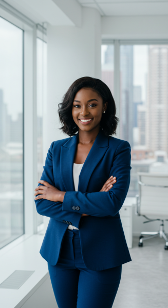 A beautiful black lady in a blue attire, standing in her office with her arms folded and smiling