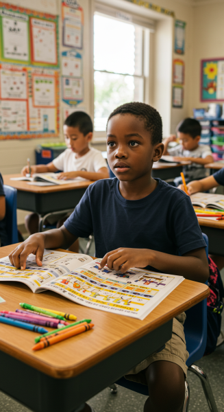 A black young boy in class