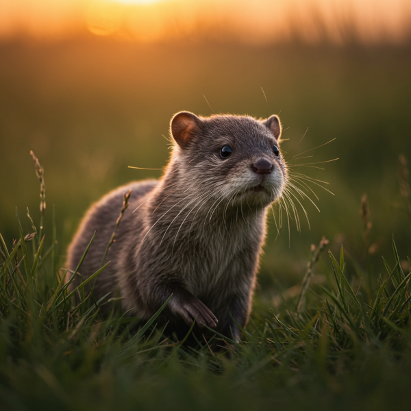 a cute otter zebra mouse in a field at sunset