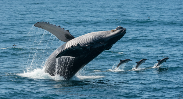 Humpback whale breaching with a school of dolphins in the background