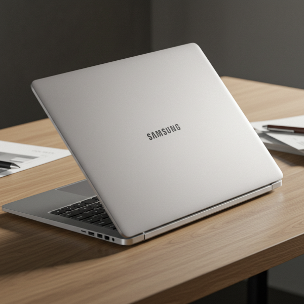 A laptop on a desk with the inscription "Samsung" #6