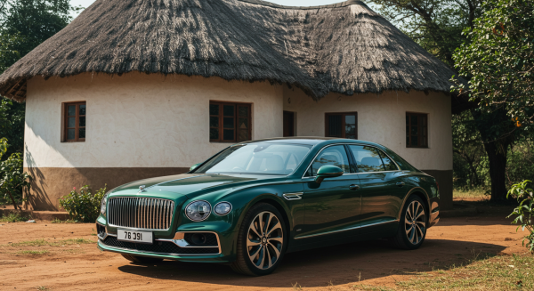 A new green Bentley parked in front a house #2