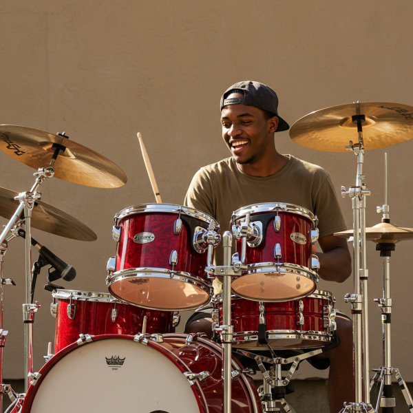 A young black man playing drums and smiling with a cap #2