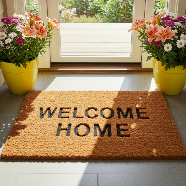 Doormat at the entrance of a home with the text ‘Welcome Home’ and flower pots beside it #4