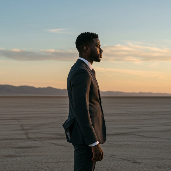 Side view of a black business man standing in the middle of nowhere