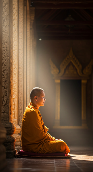 A peaceful monk meditating in a temple