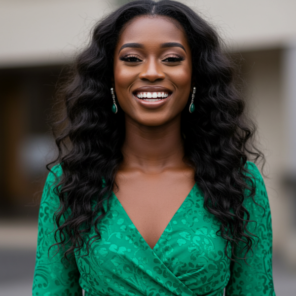 A pretty black woman in a green dress smiling #2