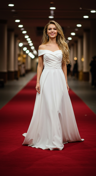 A fashion lady in white standing on a red carpet