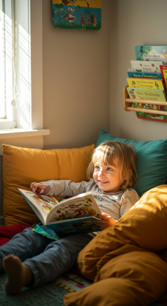 A child reading a picture book in a cozy corner
