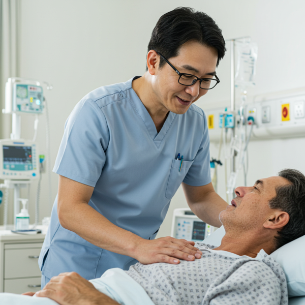 A white Asian male doctor and a patient in a hospital bed
