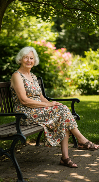 A fairly old white woman sitting on a bench
