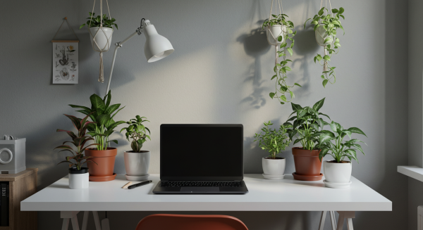Home office setup with laptop and plants #4