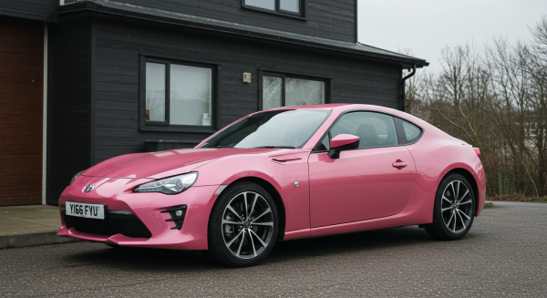 A new pink Toyota sports car parked in front a house #2
