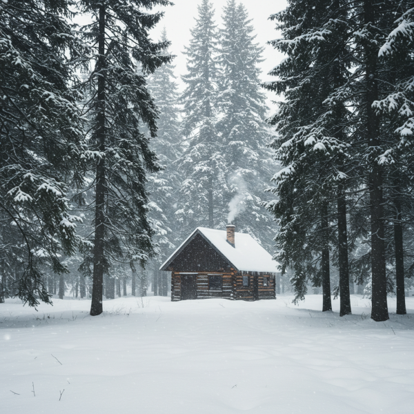 Snow-covered cabin in a winter forest