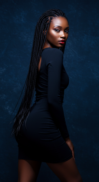 A sexy African model in a deep blue dress