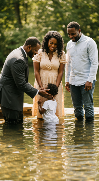 A black Pastor baptizing a black child in water, with parents #1