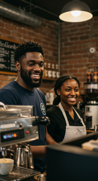 A close-up of a young black man and woman working in a coffee shop and smiling