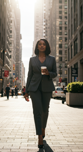 A black lady dressed in a suit walking with a cup of coffee