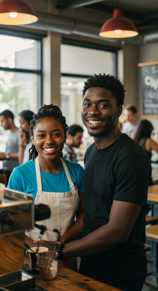 A close-up of a young black man and woman working in a coffee shop and smiling