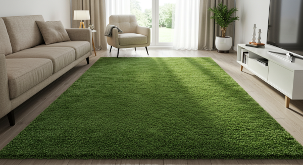 A new small green carpet in a living room #1