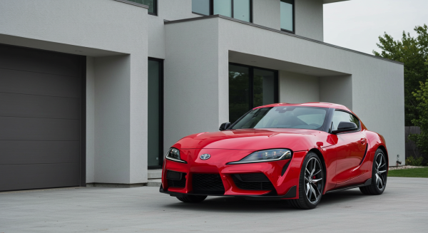 A new red Toyota sports car parked in front of a house