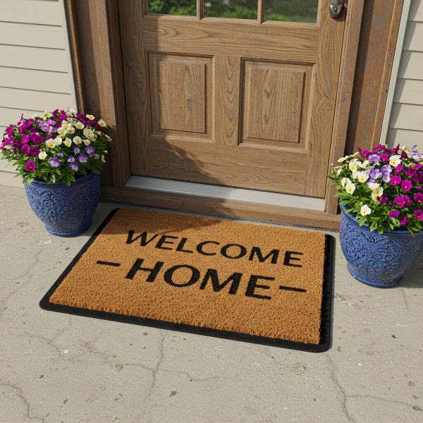 Doormat at the entrance of a home with the text ‘Welcome Home’ and flower pots beside it #6