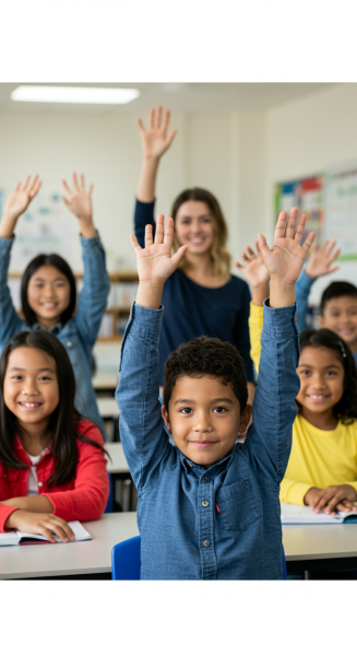 Students raising hands in a classroom