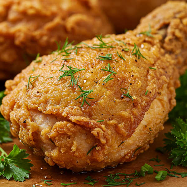 Golden brown crispy fried chicken with herbs