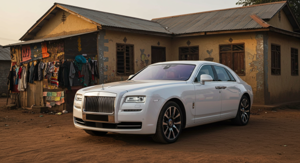 A new white Rolls Royce car parked in front a house in Africa #2