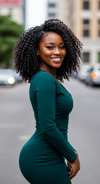 A sexy African model in a green dress