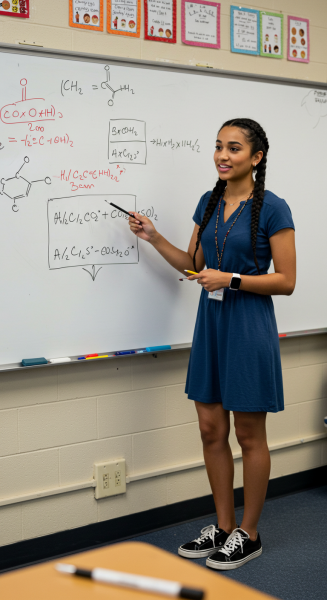 White Female teacher explaining a science concept on whiteboard