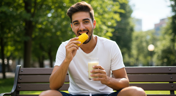 A young man eating corn with soya milk