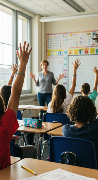 Students raising hands in a classroom