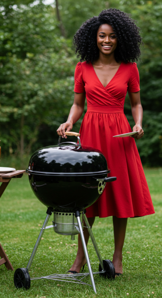 A pretty black woman in a red dress with a sad face #3
