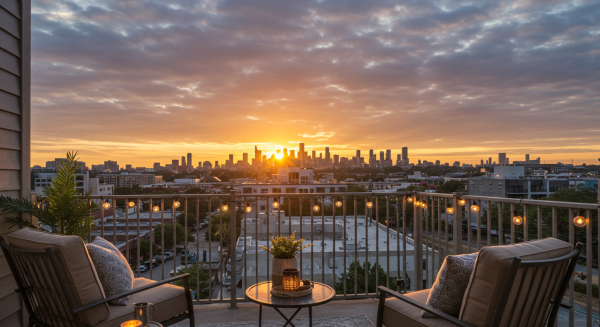 Balcony with outdoor seating, string lights, and city skyline view at sunset #4