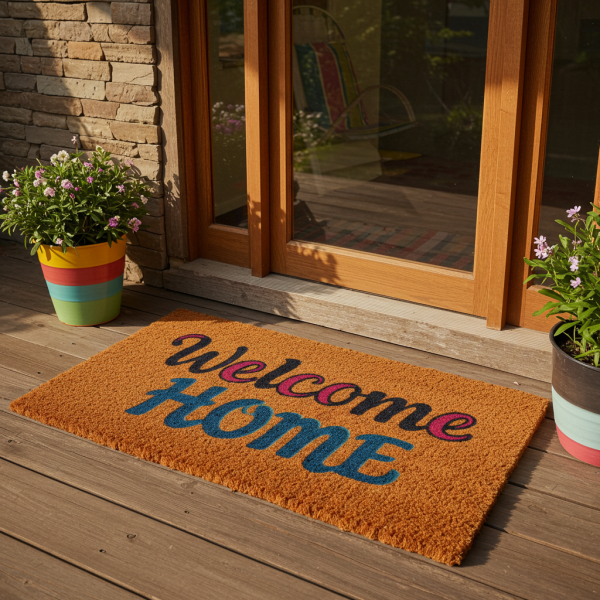 A doormat on a porch with the inscription "Welcome Home" #2