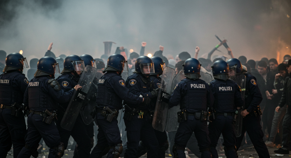 Police officers in riot gear forming a barricade against an angry crowd, smoke in the background #2