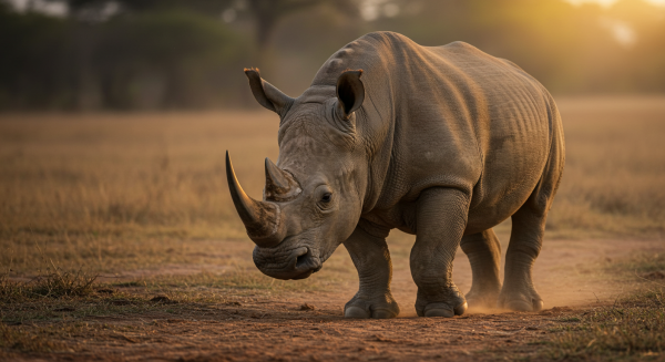 A photo of a rhino with dust around