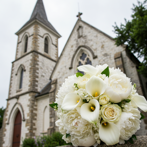 A white wedding bouquet in front of a church #1