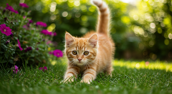 A photo of a kitten playing on green grass
