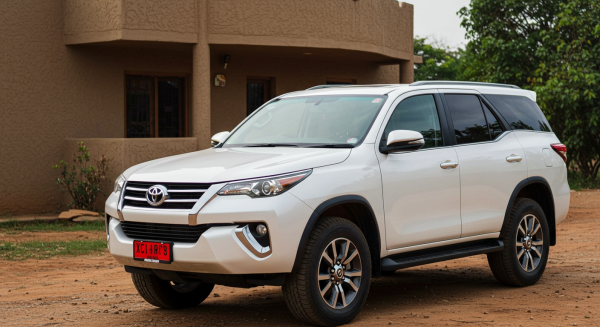 A new white Toyota SUV parked in front a house in Africa #2
